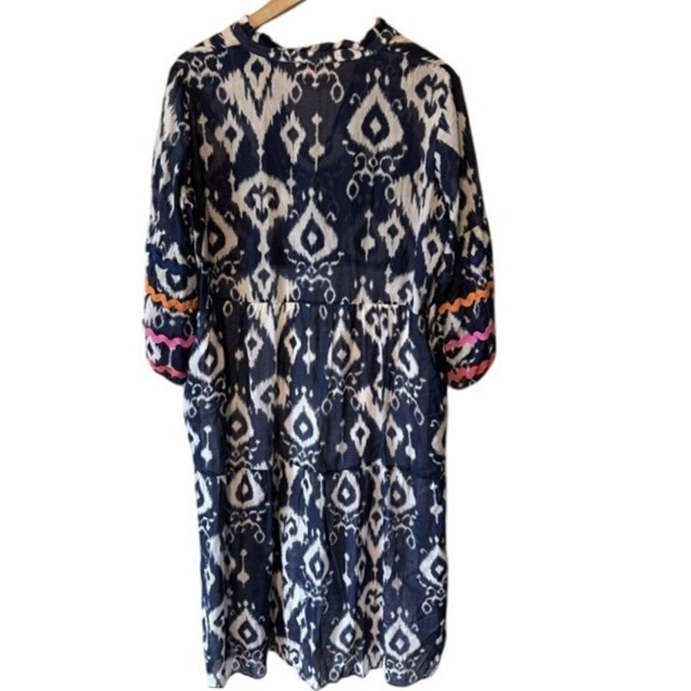 Vilagallo Navy Tammy Ikat Print Tiered Midi Dress Rickrack Trim Split Neck L - Picture 5 of 10